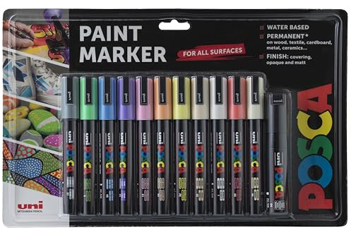 Posca färgpennor, medium filtspets, permanenta markörer, vattenbaserad, idealisk för stenmålning, duk, glas, trä, metall, tyg, färgning, konst och hantverk för barn och vuxna, blekningsbeständig, set