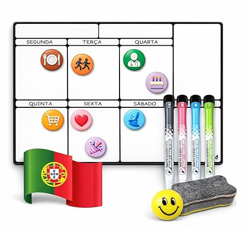 Português - toots Calendário Magnético Geladeira A3 (42x30) Planejador Mensal e Semanal com 4 Marcadores, Apagador, Emoji e 8 Ímãs Temáticos, Lousa Organizadora Cozinha