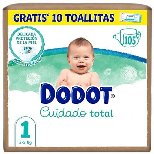 Dodot Pañales Bebé Cuidado Total Talla 1 (2-5kg), 105 uds + 10 Toallitas | Protección delicada para la piel del bebé, incluye 10 toallitas Aqua Pure de regalo, suavidad diaria