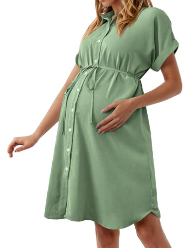 Vuncio Robe Chemise Femme avec Ceinture Boutonnée Devant Maternité Mini Robe Grossesse Ete Manche Courte Grande Taille Ample Enceinte Chic Pas Cher Shooting Photo (Vert, XL)
