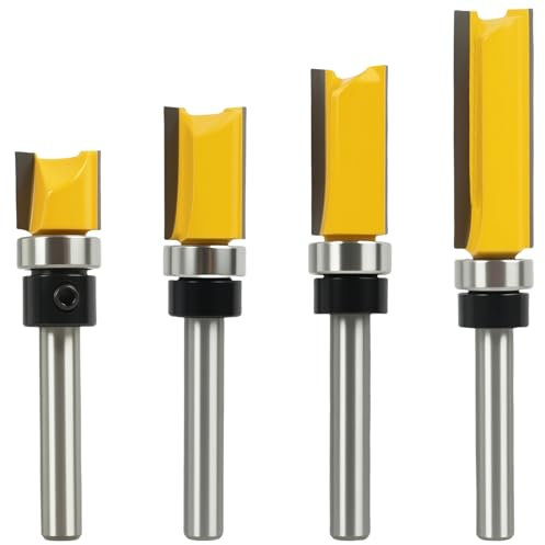 4-Piece Flush Trim Router Bit Set with 1/4 Inch Shank - Professional Grade Straight Flush Trim Tools with Bearing Template for Woodworking, for Wood, Plywood, Particle Board Milling