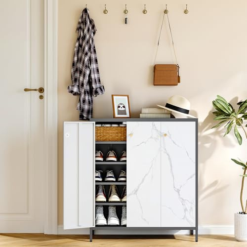 Sightlife Schuhschrank Schuhregal Metall Aufbewahrungsschrank mit 3 Türen Kommode Sideboard Flurschrank Mehrzweckschrank mit höhenverstellbaren Ablagen 90 x 108 x 40 cm (BxHxT) Grau/weiß