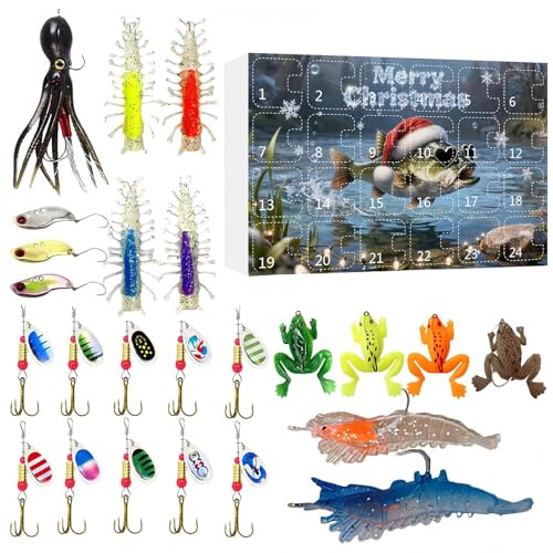 Julfiske adventskalender | 24 dagar nedräkning jul adventskalender - fiskedrag kit - för fiskare pappa pojkvän man tonåringar män sötvatten saltvatten öring bar