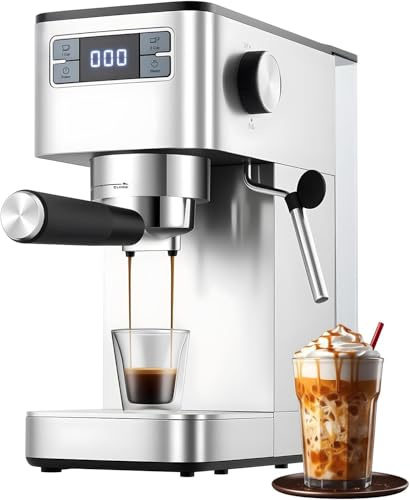 RBFGYIOP Halbautomatische Espressomaschine 20 bar aus Edelstahl - kompakt mit Milchaufschäumer - abnehmbarer Tank 1,25 l - für Cappuccino und Latte - 1350 W - Silver European Standard