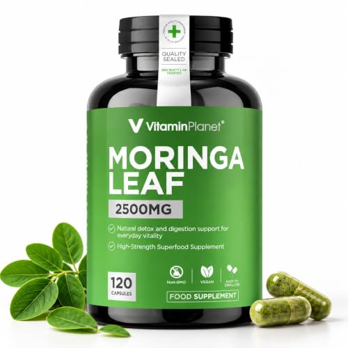 Moringa Leaf Capsules, 10:1 Oleifera Extract, 120 Vegan, Vitamin Planet | 250mg of 10:1 extract per capsule, equivalent to 2500mg moringa leaf. Non-GMO, one daily, 120-day supply. Made in the UK.