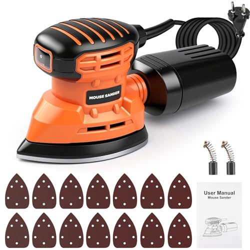 Ticfox Lijadoras Delta Eléctrica, Lijadora Madera 150W con aspiración de polvo, 13000 rpm Lijadora Orbital multifunción con 14 hojas de lija, ideal para lijar madera y eliminar óxido y pintura
