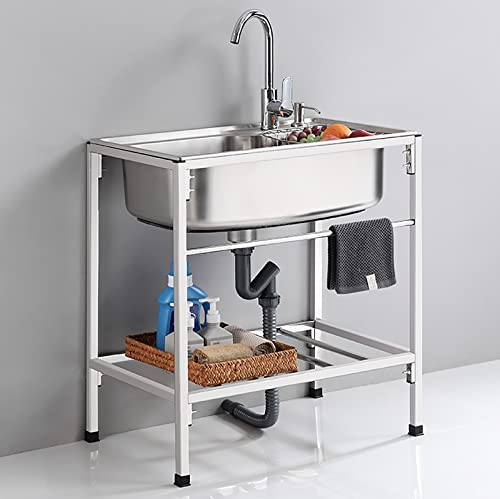 Lavandino in acciaio inossidabile per lavanderia, autoportante, lavello singolo in acciaio inox 304, per garage, ristorante, cucina interna ed esterna, bacino di lavaggio 71 x 50 x 85 cm
