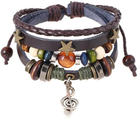 Tied By Love Ethnic Boho 4-Layer Multi-Coloured Beaded Leather Set Adjustable Bracelets with Music Note Charm Gothic Steampunk Bohemian Unisex Wristband (Brown)