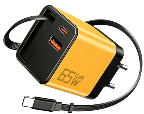 Cargador 65W Carga Rápida USB C con Cable Retráctil Integrado GAN Cargador 3 en 1 para Viajes Compatible con MacBook Pro Air iPhone 17 16 15 Galaxy S25 S24 iPad Amarillo