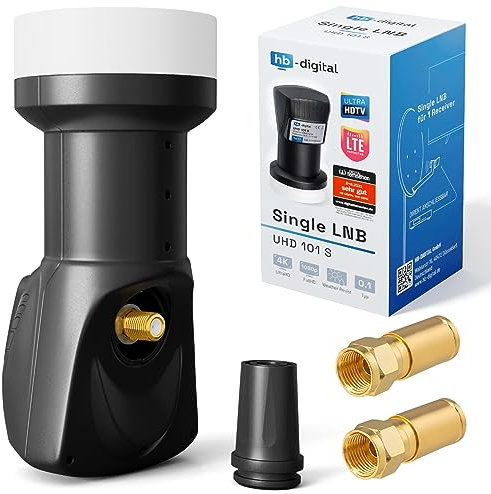 hb-digital Single LNB (Test SEHR GUT *) LNC Kopf 1 Teilnehmer Direkt LTE Protected Satelliten Digital Sat Full HD TV 3D 4K UHD Kontakte vergoldet Wetterschutz Schwarz Black + 2X F-Kompressionsstecker