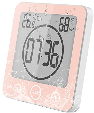 VORRINC Uhr Badezimmer, Badezimmeruhr mit saugnapf, Bad Uhr Badezimmeruhr Wasserdicht Berührungssteuerung ℃ / ℉ Luftfeuchtigkeit Temperatur LCD Display, Countdown Timer, 3 Montagemethoden (Rosa)