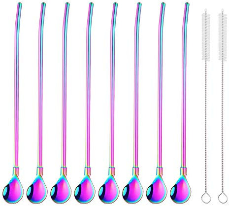 Do Buy Wiederverwendbare Strohhalme Löffel 18/8 Edelstahl 8 Stück Trinkhalmlöffel Regenbogen mit 2 Bürsten Cocktail Latte Macchiato Löffel 21,5CM