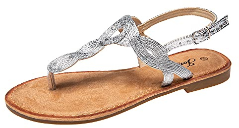 JOMIX Damen Sommer Bohemia Flach Sandalen mit Strass Strandsandalen Pantoletten Plateau Römersandalen (Silber, 40 EU, SD2146)