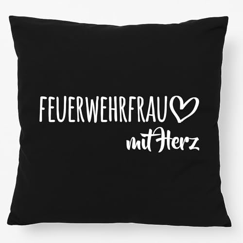 Huuraa Kissen Feuerwehrfrau mit Herz 40x40cm mit Füllung Black Baumwolle Dekokissen Geschenkidee