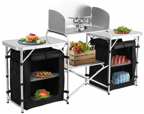Angyu Camping Cabinet Foldable Large Capacity Camping Table Portable Outdoor Storage Table with Zip Pockets (Silver + Black, 174.5 x 46 x 110.5 cm)