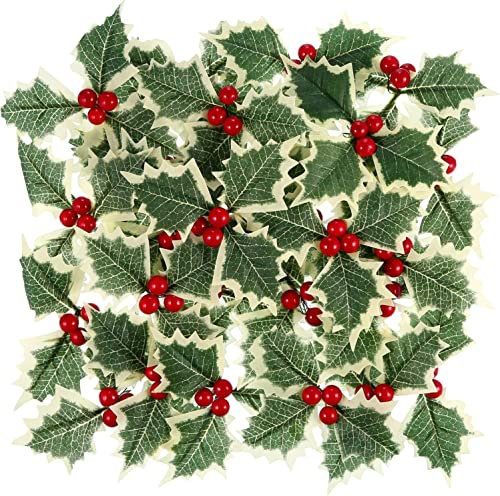 30pcs Christmas Artificial Holly Berries with Green Leaves, Simulation Holly Berry Green Leaves for Wedding Christmas Wreath Arrangement, Cake Toppers Craft Party Decorations, Artificial Holly Leaves