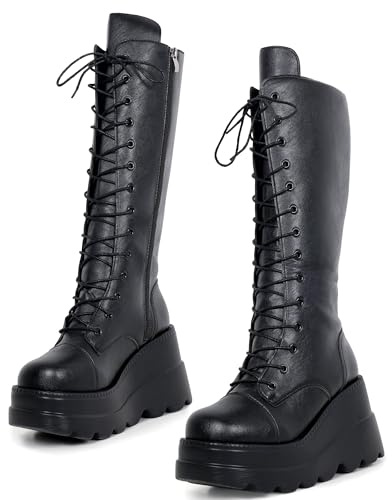 Gothniero Stivali gotici da donna, neri, con plateau, altezza al ginocchio, tacco grosso, stivali gotici da donna, stivali da combattimento neri, punta rotonda con cerniera, 3UK-8UK, nero4, 39 EU