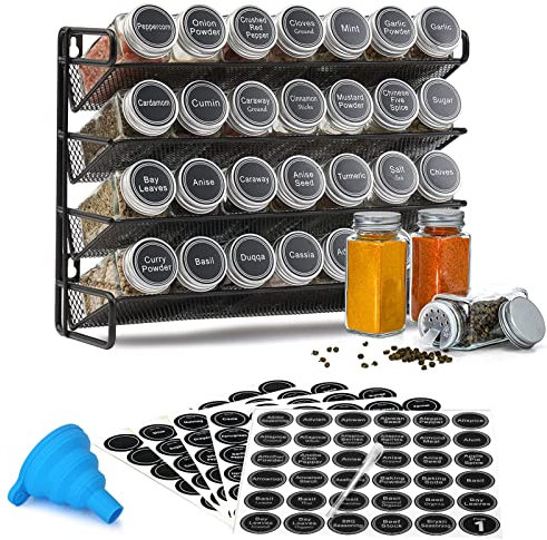GOI Spice Rack Organiser with 28 Spice Jars, 4-Tier Spice Organizer for Cabinet, 386 Spice Labels, Chalk Marker, and Funnel Set for Cupboard, Worktop, Pantry, or Hanging on Cabinet Doors or Walls