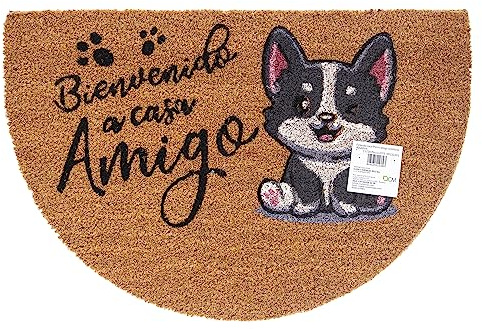 TWO TIGERS Felpudo de Coco Natural con Base Antideslizante, Absorbente para la Entrada de casa, Puerta Exterior o Pasillo. 3 tamaños y Varios diseños Disponibles (Semiluna 60x40cm, Perro Amigo)