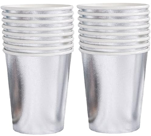 POPOYU 16 vasos de papel plateados para fiestas, decoración de vajilla de fiesta de Navidad, vasos de papel plateados, tazas de café desechables para niños y adultos, Navidad, cumpleaños, graduación