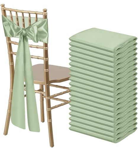 Bouiexye 50 PCS Sage Green Satin Chair Sashes Bows Universal Chair Ribbon Ties Back Sash for Wedding Party Reception Events Banquets Hotel Event Chair Cover Decoration (7x108 inch)