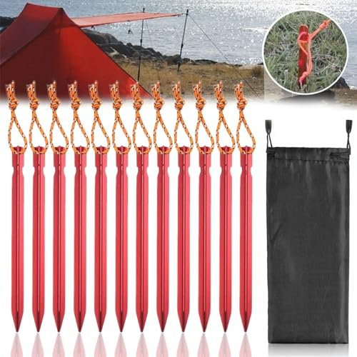 Zeltheringe, 12Pcs Heringe Erdnägel, Sandheringe, Zelthaken Zeltnägel aus Aluminium mit Seil und Beutel mit Kordelzug für Outdoor-Camping, Reisen, Strand