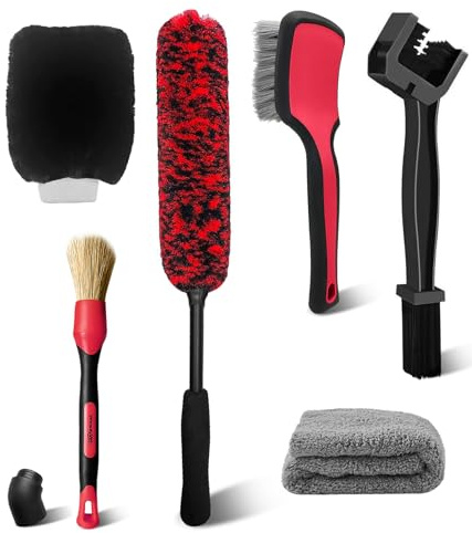 YeewayVeh Kit de nettoyage pour moto de 6 pièces, brosse en laine pour roue, brosse pour pneu et chaîne, brosse de détail, serviette en microfibre ultra-plush et gant de lavage pour roues de voiture