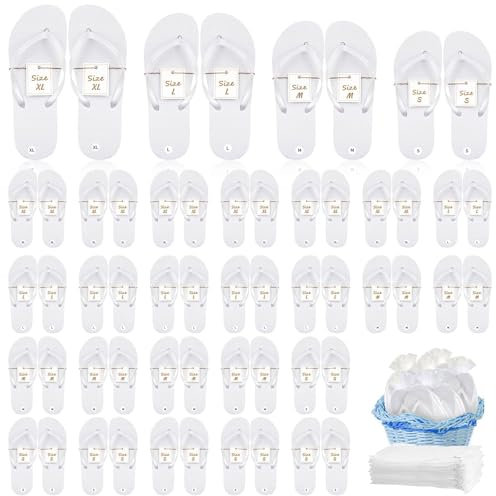 YFNVH 24 Paar Flip-Flops für Hochzeit Weiße Gäste-Hausschuhe Gästepantoffeln für Hochzeit, Hotel, Spa oder Party Bequeme Hausschuhe mit Größenkarte und Zugbeutel