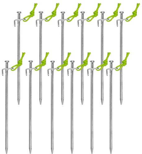 Lot de 12 piquets de tente avec crochets en L 30 cm en acier galvanisé, robustes pour sols durs, avec tendeurs fluorescents, idéaux pour tentes, auvents, pavillons, camping