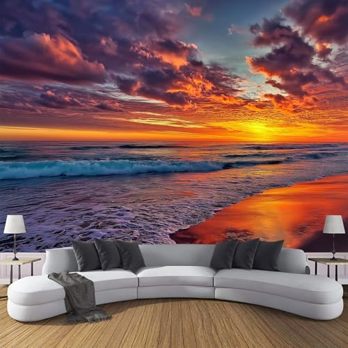 Papel Pintado Paisaje Del Atardecer 150×105cm Fotomurales Para Pared 3D, Puesta De Sol En El Mar Papel Tapiz Pintado En Tejido de seda - Pared Moderna,Azul Naranja Murales Fotográficos Decorativos