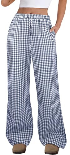 ANRABESS Women's Striped Gingham Pants 2026 Spring Pajama Lounge Boxer Pants Casual Wide Leg Drawstring PJ Bottoms Trousers﻿ Blue White Plaid Large