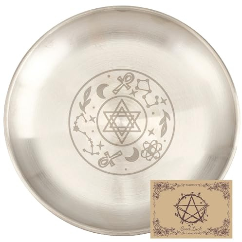 CREATCABIN Star Pentagram Ritual Plate Altar Flat Bowl Round Silvery Tray Offering Bowl Dish Candle Holder with Divination Card Jewelry Dish for Smudging Incense Burner Meditation Tarot 5.5Inch