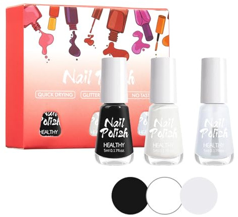 Clawrex Nagellacksset, 3 stycken nagelpolering, giftfri vattenbaserat nagellack med svart vit glänsande yta, snabbtorkande, utan UV-lampa, nagelpoleringsgelsats för gör-det-själv nageldesign