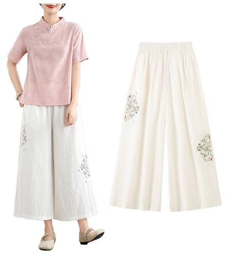 CHUIKUAJ Tenue de Tai Chi à Manches Courtes pour Femme, Ensemble Rétro en Coton et Lin, Tenue de Méditation Zen, Chemise Jacquard de Style Chinois + Pantalon Brodé