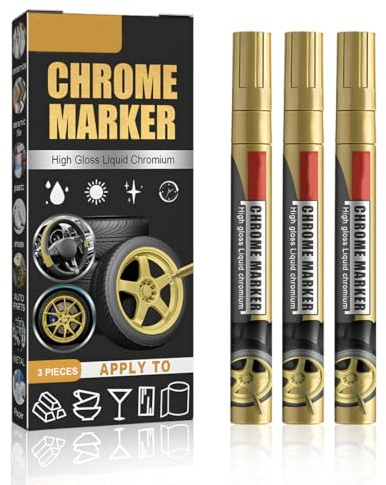 YOFDAL Marcador cromado 3 piezas | Lápiz líquido cromado para coche & neumáticos | Sellado de alta brillantez en oro para llantas, metal, plástico y caucho