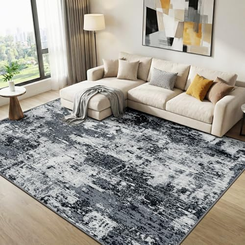 DEFYNEE Tappeto da soggiorno 120 x 180 cm, antiscivolo, a pelo corto, design astratto, lavabile, per camera da letto e ufficio, colore nero