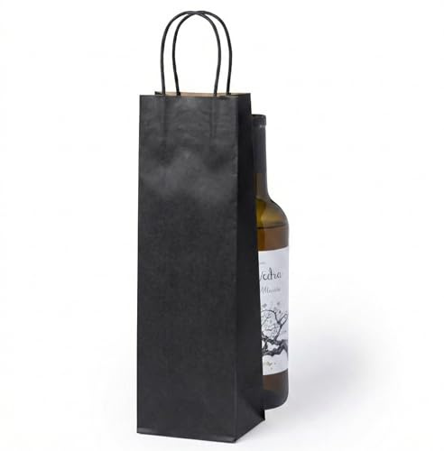 VINAK - Pack de 50 | 100 | 200 | Bolsas de Papel para Botella de Vino | 11 x 36 x 10 cm | Asa Retorcida Resistente | para Vino, Cava y Champán 1L (100, Negro)