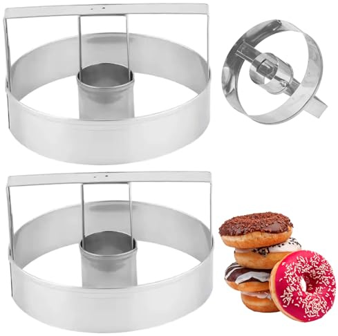 Cortador de donas con mango, 2 moldes de acero inoxidable para donas, herramienta para hornear pasteles y galletas con cortador de agujeros