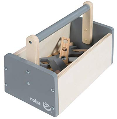roba Cassetta degli Attrezzi per Bambini - Kit di Costruzione da 22 Pezzi - Viti, Dadi, Cacciavite, Martello, Bulloni - Gioco Olistico - Legno Naturale / Grigio