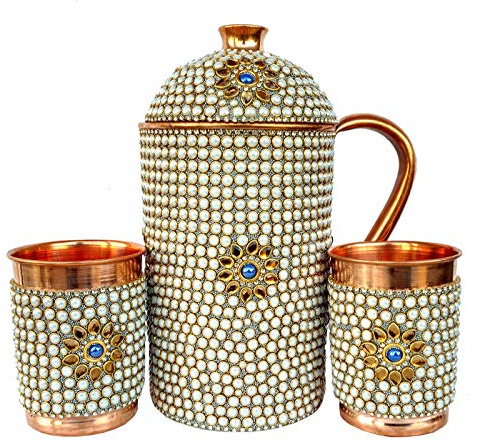 Rastogi Handicrafts Pure Copper Jug - 2 Glass outer White stone work decorated Tumbler Drink ware Set Tableware Pitcher (White jug 2 glass)