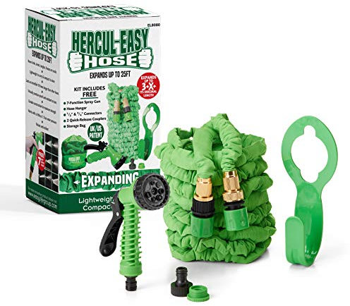 Hercul-Easy Expandable Garden Hose Set – Flexible Hose with 7 Way Spray Gun - Aluminium & Brass Connectors, Hose Holder & Tap Connectors - Water Pipe with Free Storage Bag, 25ft, Green