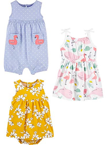 Simple Joys by Carter's Paquete de 3 Mamelucos, Traje de Sol y Vestido para niñas, Flamenco, Flores, Amigos del mar, 0-3 Meses