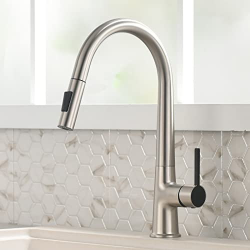 TIMACO Robinet de cuisine haute pression extensible Amatur cuisine rotatif à 360°, mitigeur cuisine avec douche, robinet d'évier de cuisine avec deux motifs d'écoulement, nickel brossé