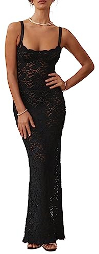 Women’s Cocktail Dress Sexy Lace Hollow Out See Through Sleeveless Spaghetti Straps Slim Fit Maxi Party Club Evening Dress Black