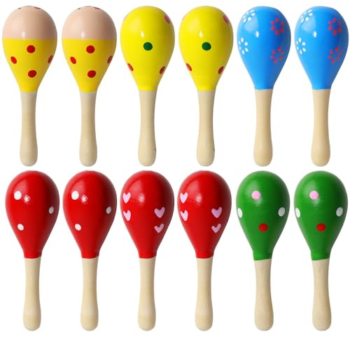 Prmape 12 Pezzi Maracas Strumento Musicale, 12cm Maracas in Legno per Bambini, Mini Maracas Legno, Shaker Strumenti Musicali per Bambini Adulti