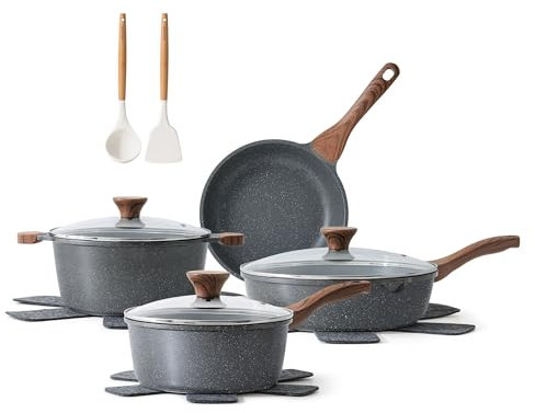 SENSARTE Antihaft Kochgeschirr Set 13 teilig, Gesundes Topf Pfannen Set, Ungiftiges Kochtopfsets mit Stay Cool Griffen, Silikonwerkzeugen und Topfschutz, PFOA Frei