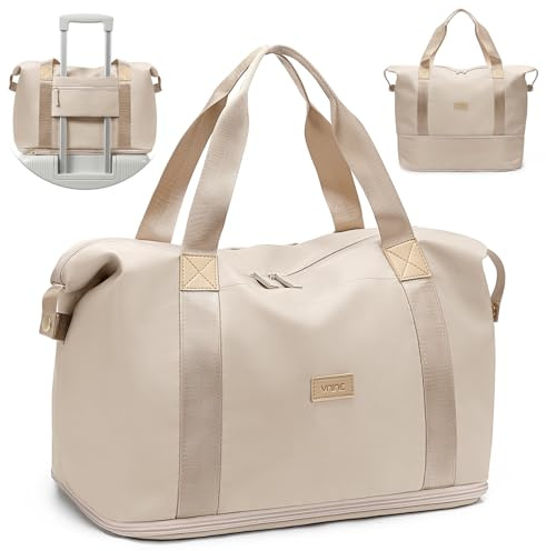 VNINE Borsone da Viaggio Donna Espandibile (28→40L) – Borsa Hospital Weekender, Borsa Parto Ospedale Mamma, Tote Sport, Borsa da Trasporto Aerei con tasche multiple e tessuto impermeabile Beige
