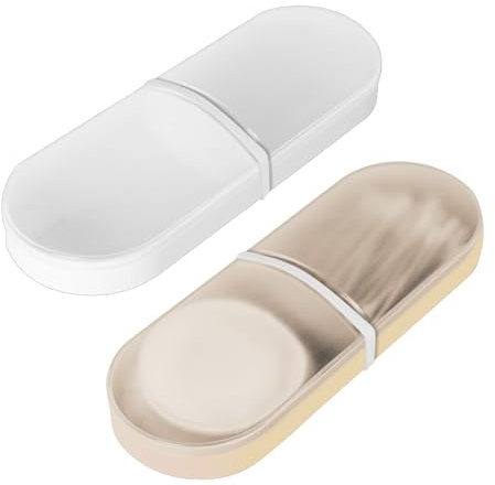 Adorila 2 Pack Travel Cotton Swab Qtip Holder,Plastic Container Dispenser Box with 2 Silicone Rubber Bands, Portable Cotton Swab Makeup Pads Storage Box with Lid (White, Beige)