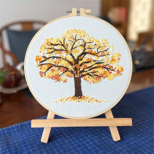 Meecaa Goldener Baum Blätter Herbst Stickset Starter-Set, Handstickerei-Set, Muster gedruckt Kreuzstich-Set für Anfänger Erwachsene, mit Stickrahmen und Anleitung (Goldener Baum)