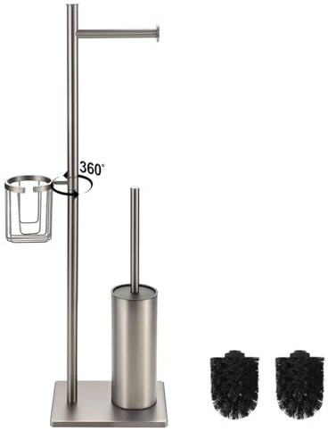 BGL Porta carta igienica multifunzione in acciaio inox con base pesante, autoportante, porta scopino WC e cestino angolare girevole a 360°, acciaio inox spazzolato